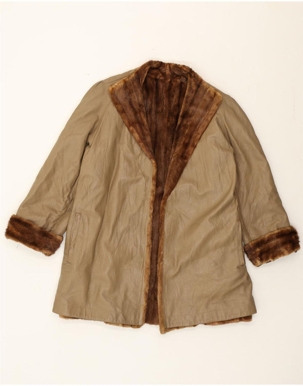 Vintage mujer piel cuero abrigo Reino Unido 16 grande beige