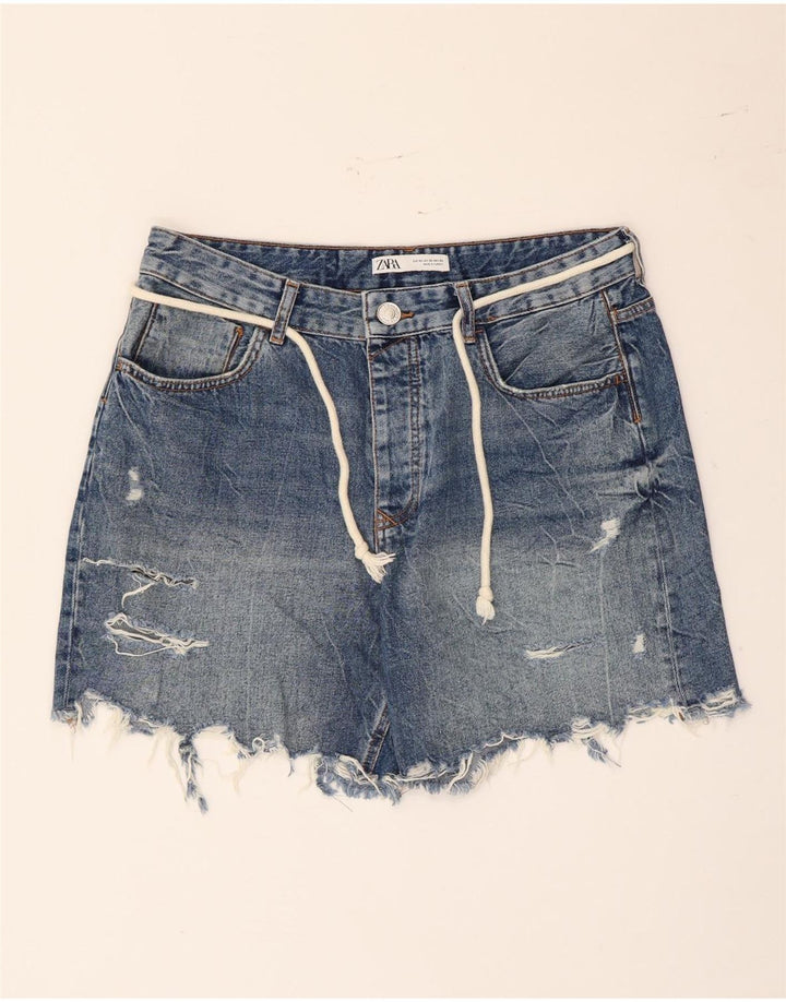 Zara Pantalones cortos de mezclilla desgastados para mujer EU 42 Large W32 Algodón azul