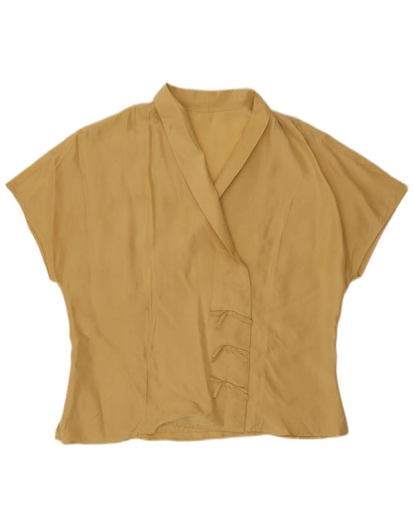 Vintage mujer camisa de manga corta blusa Reino Unido 16 seda amarilla grande