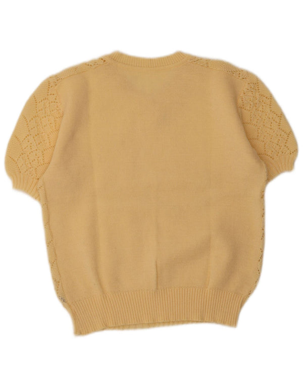 Vintage mujer manga corta V-cuello jersey suéter Reino Unido 14 beige medio