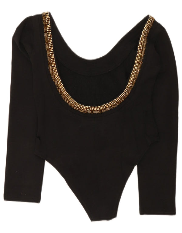 Vintage mujer manga larga body UK 12 algodón negro medio