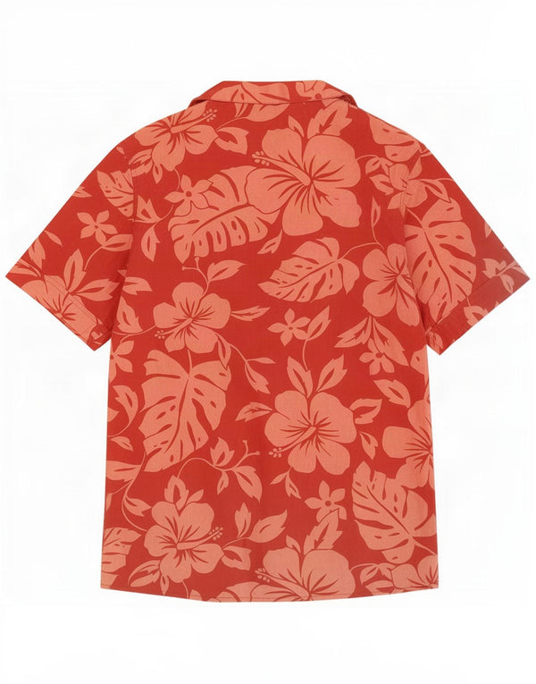 Vintage hombres hawaiano manga corta camisa medio rojo floral