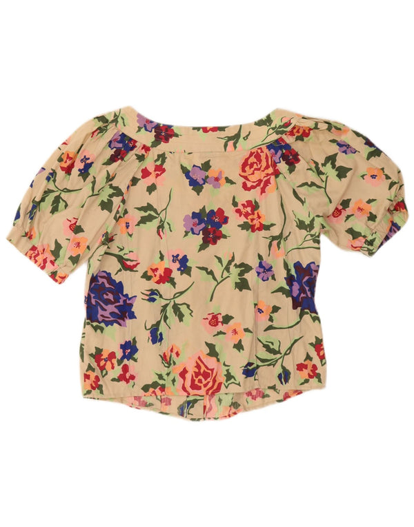 Vintage mujer crop manga corta camisa blusa IT 40 pequeño beige floral