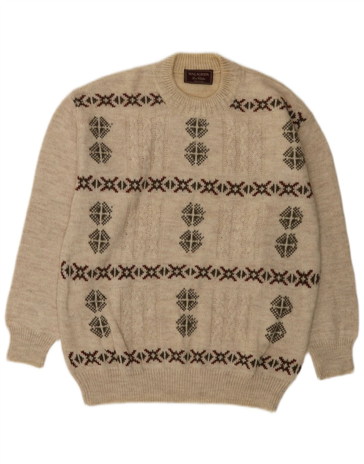 MALAGRIDA Jersey con cuello redondo para hombre, talla grande, color beige, Fair Isle
