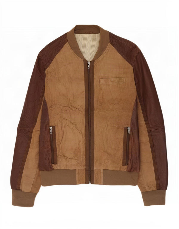 OVS Womens Leather Jacket IT 48 Medium Brown Colourblock