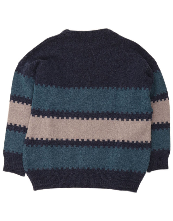 Vintage hombres cuello redondo jersey suéter IT 50 medio azul marino geométrico