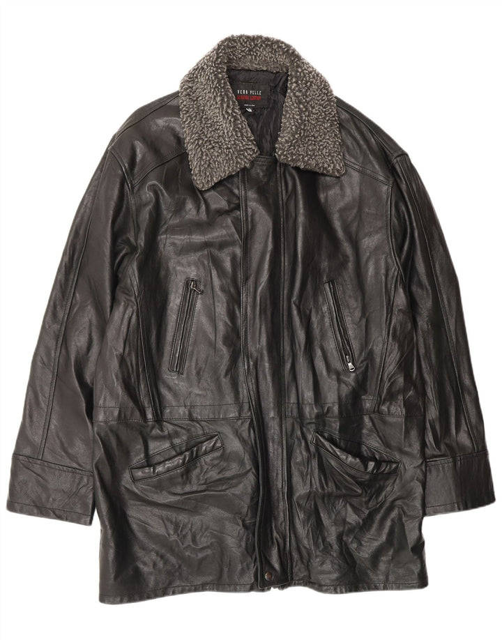 VINTAGE Hombres Loose Fit Abrigo de cuero Reino Unido 38 Cuero Negro Medio