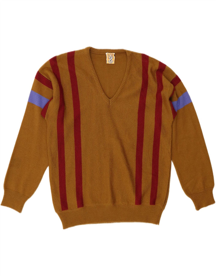 4 CASTELLA Jersey Hombre Cuello Pico IT 50 Lana Rayas Marrón Medio