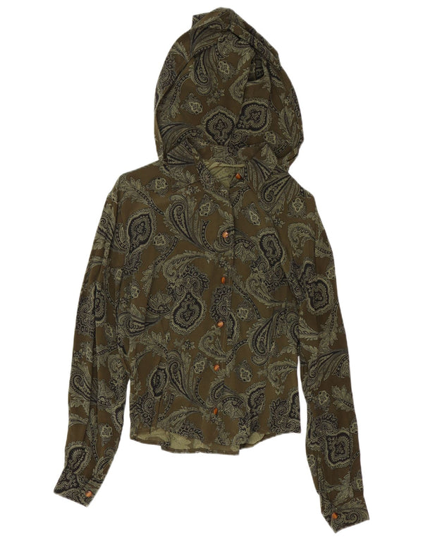 Vintage mujer camisa con capucha blusa Reino Unido 14 grande caqui paisley