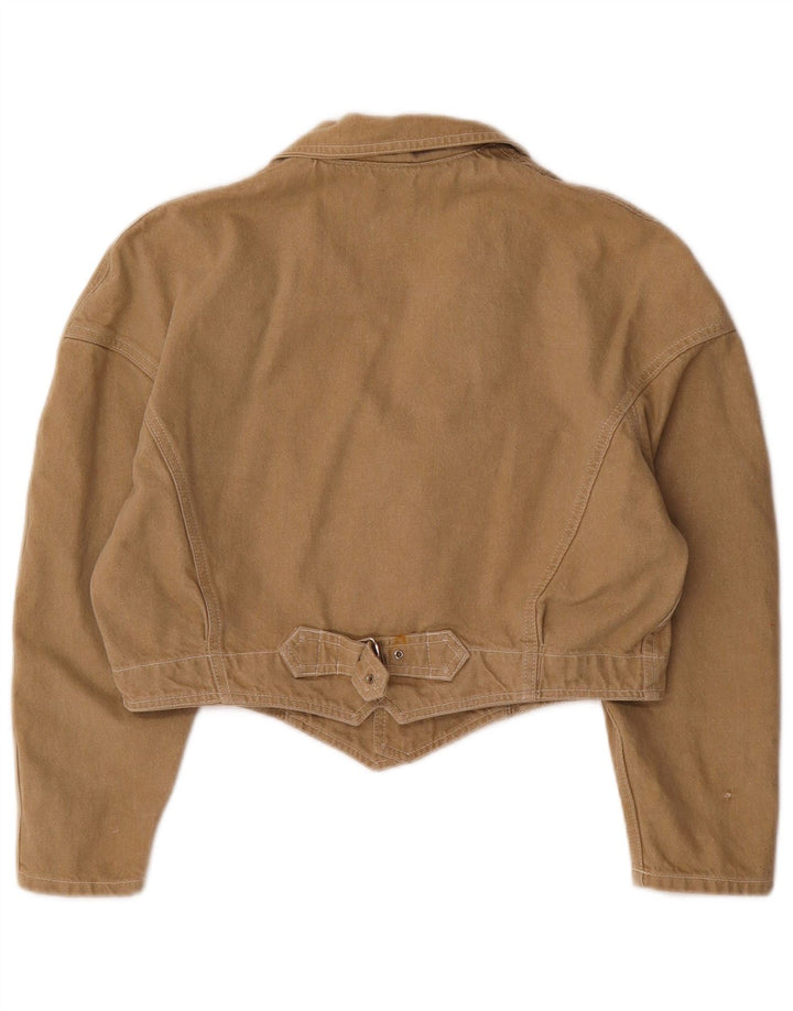 Vintage mujer crop denim chaqueta Reino Unido 14 algodón marrón medio