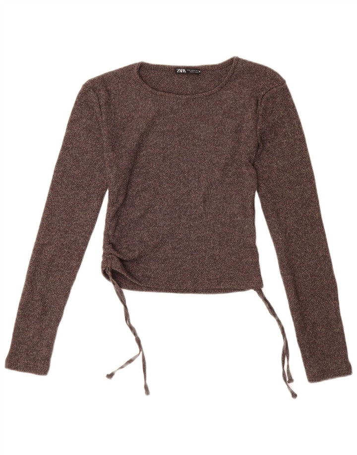 Zara Top corto de manga larga para mujer UK 42 Poliéster marrón medio