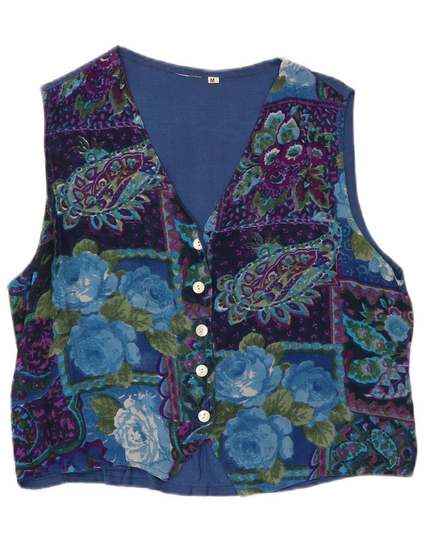 Vintage mujer chaleco Reino Unido 14 azul medio floral viscosa retro