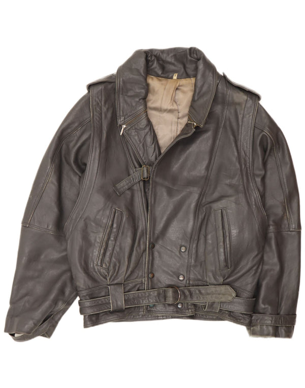 Vintage hombres militar suelta ajuste chaqueta de cuero Reino Unido 36 pequeño cuero negro