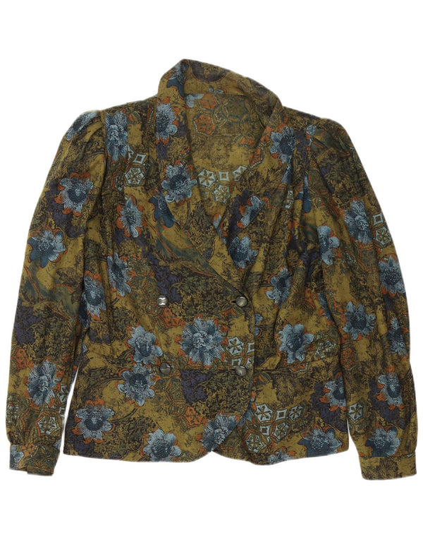 Vintage mujer manga larga Cardigan Top Reino Unido 14 grande verde floral retro