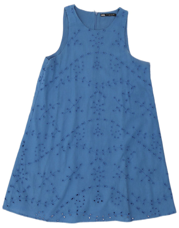 Zara Vestido Acampanado Sin Mangas para Mujer UK 40 Pequeño Algodón Floral Azul