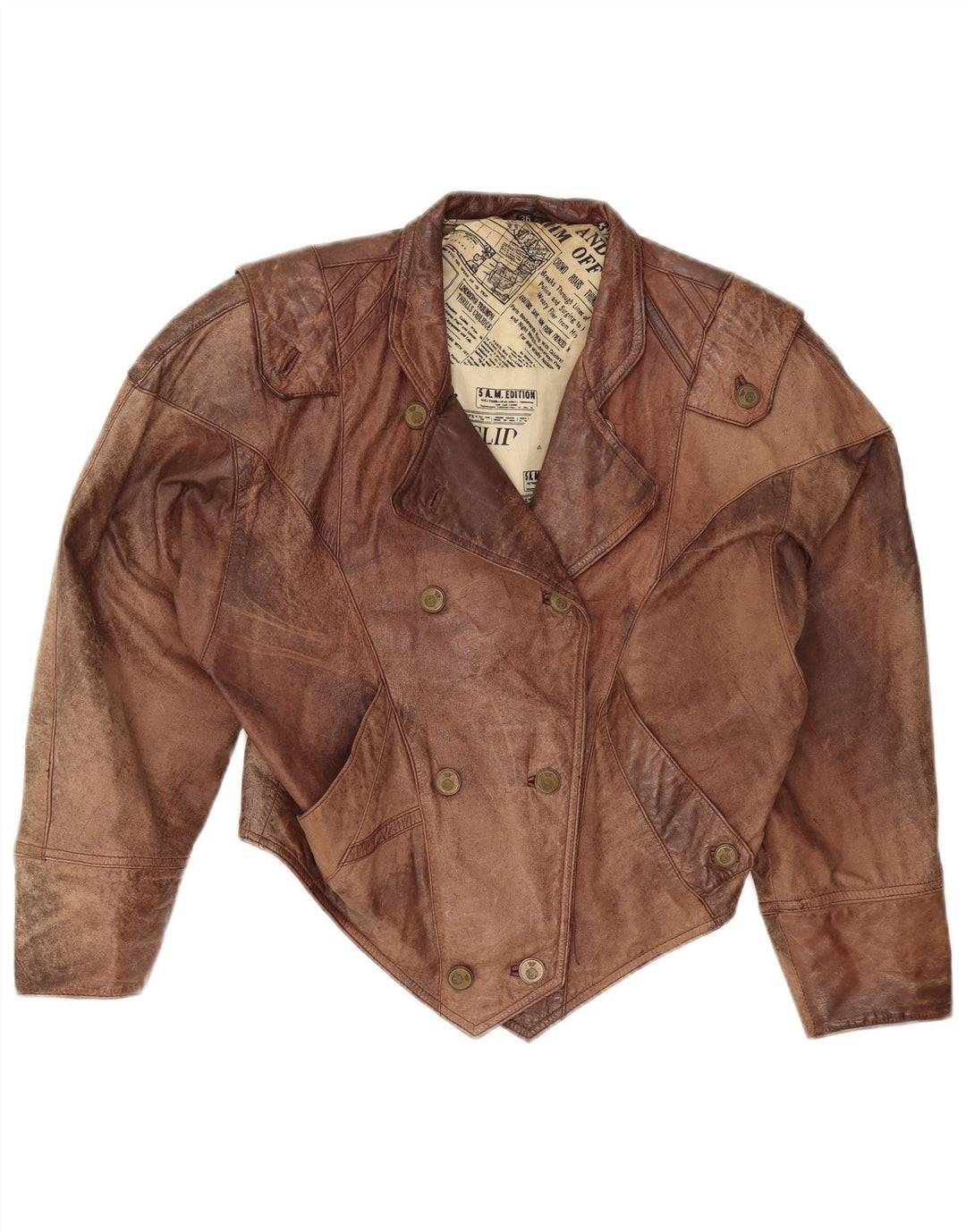 VINTAGE Chaqueta corta de gran tamaño para mujer EU 36 Cuero marrón pequeño