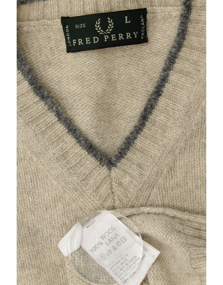 FRED PERRY Jersey con cuello en V para hombre de lana verde grande