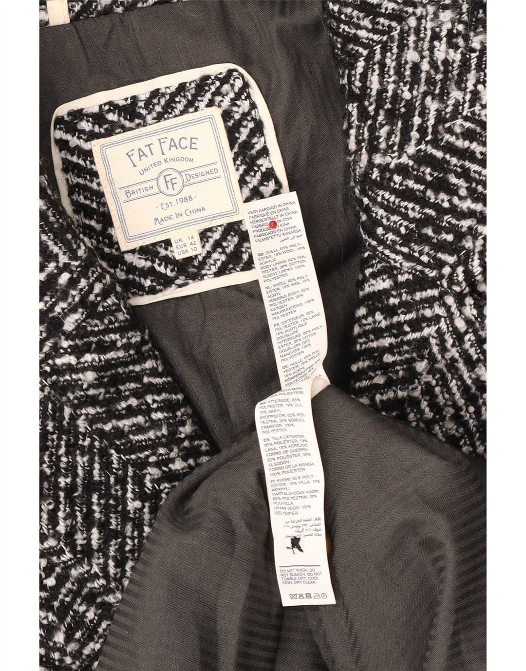 Abrigo holgado para mujer de Fat Face UK 44 Grande Negro Herringbone Classic