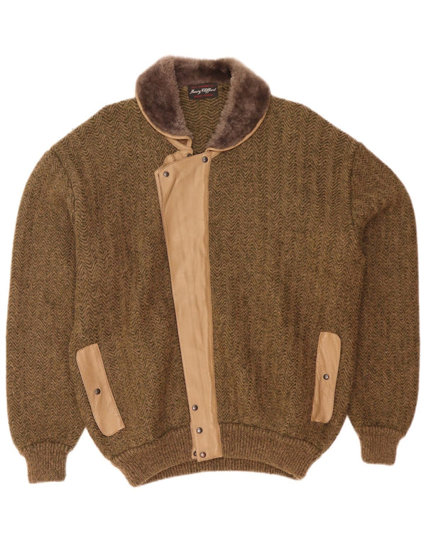 Vintage mujer oversized Cardigan suéter Reino Unido 14 grande caqui espiga