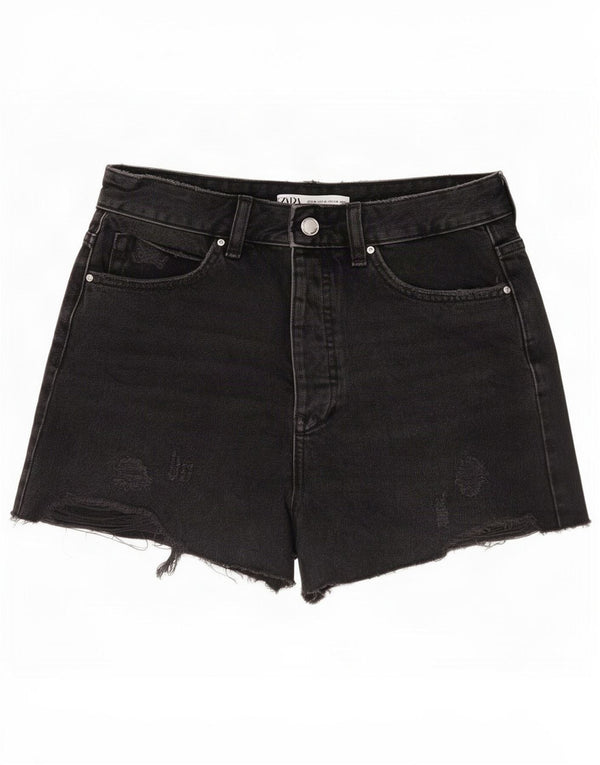 Zara Pantalones cortos de mezclilla desgastados de cintura alta para mujer EU 38 Small W28 Algodón negro