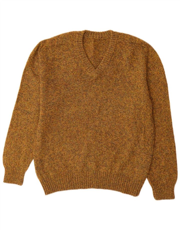 Vintage hombres V-cuello jumper suéter grande caqui moteado lana