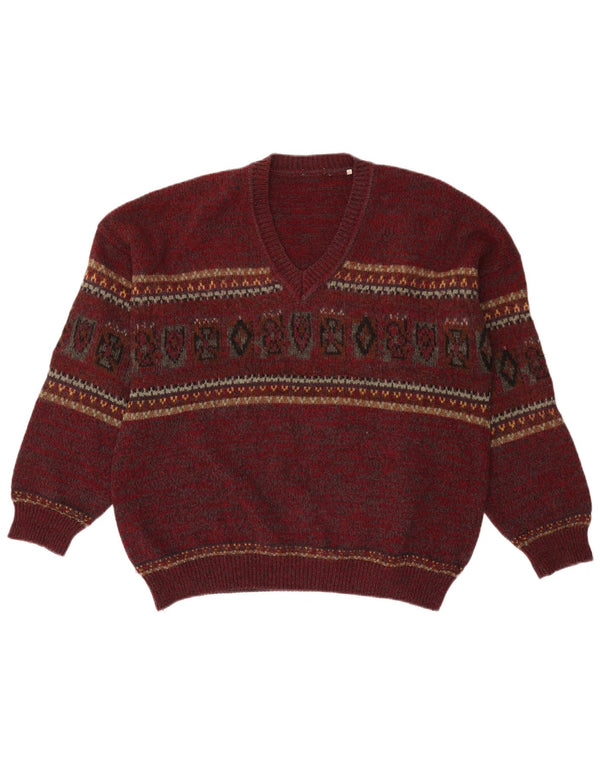 Vintage hombres V-cuello jumper suéter IT 56 XL Borgoña lana geométrica