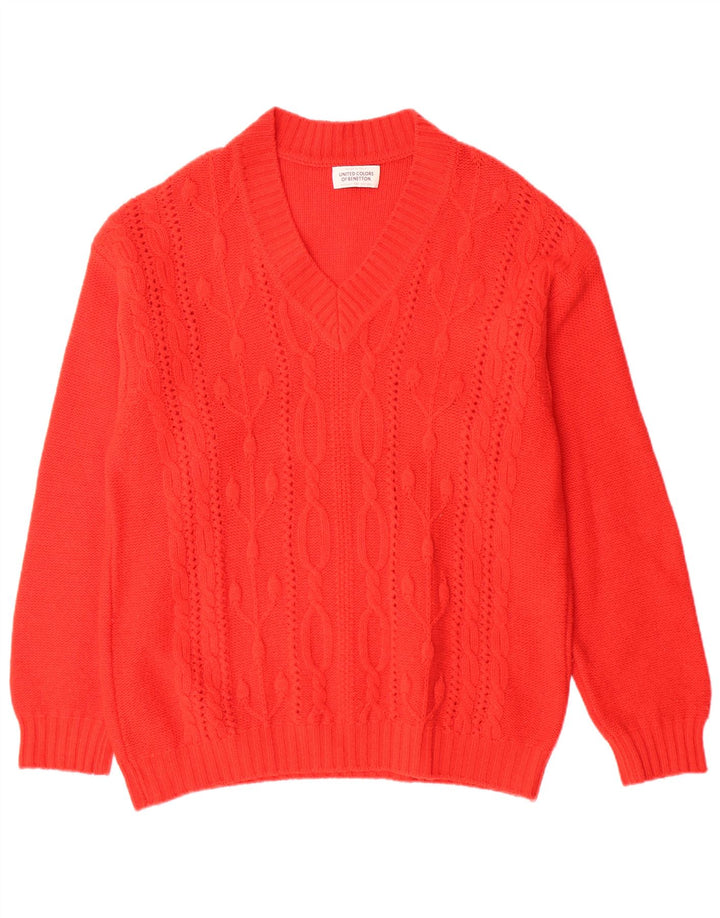 BENETTON Jersey con Cuello en V para Hombre Large Lana Virgen Roja