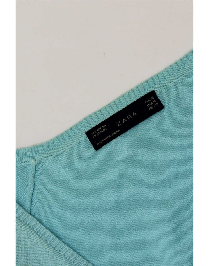 Zara Mujer Cárdigan Suéter UK 12 Algodón Azul Medio