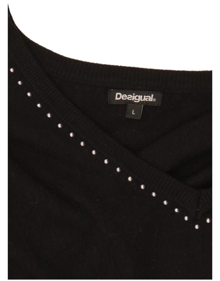 DESIGUAL Suéter gráfico con cuello en V para mujer UK 46 Grande Negro Sintético