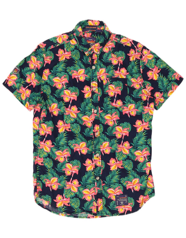 Superdry Camisa de manga corta para hombre, estilo hawaiano de algodón floral en azul marino medio