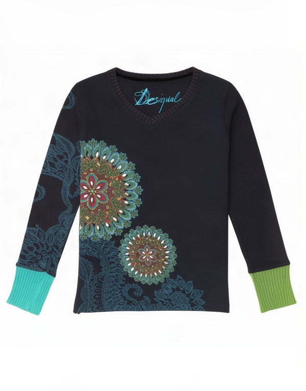 Desigual Mujer Gráfico Top Manga Larga UK 40 Medio Azul Marino Floral