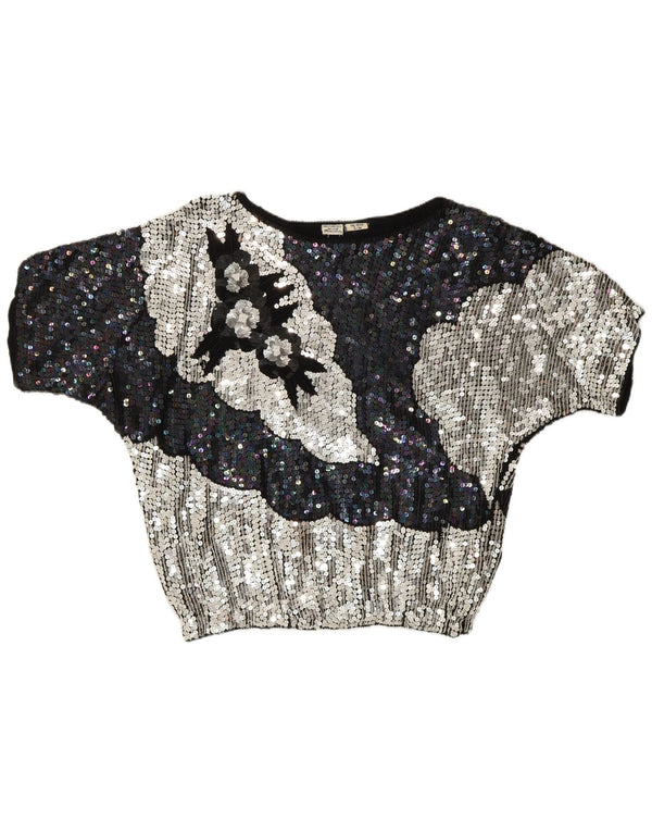 Vintage mujer noche lentejuelas blusa Top Reino Unido 10 pequeño multicolor