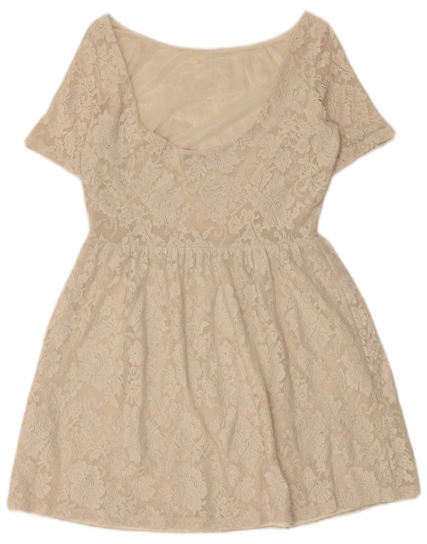 Zara Mujer Vestido Acampanado De Encaje UK 42 Medio Beige Floral Poliamida