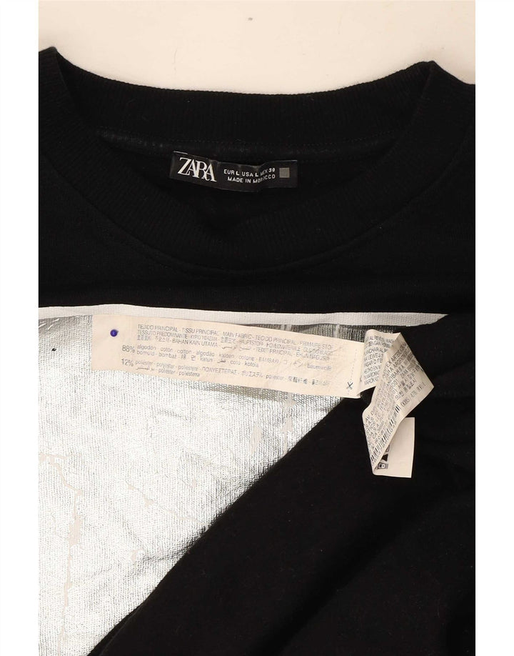 Zara Mujer Gráfico Sudadera De Gran Tamaño Jersey Reino Unido 46 Grande Algodón Negro