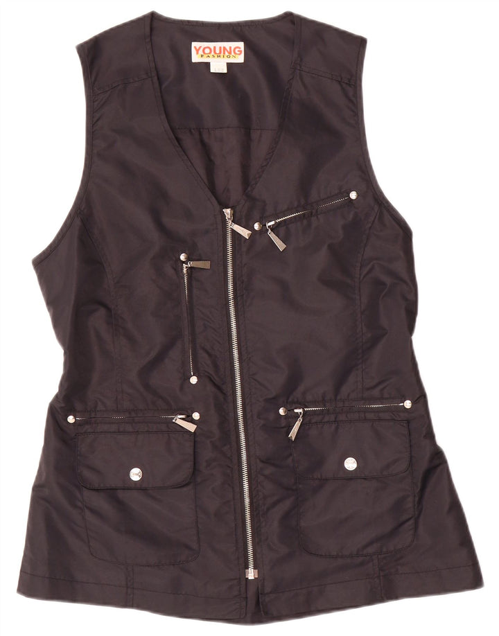 VINTAGE Mujer Utility Gilet Reino Unido 10/12 Poliamida Negra Mediana