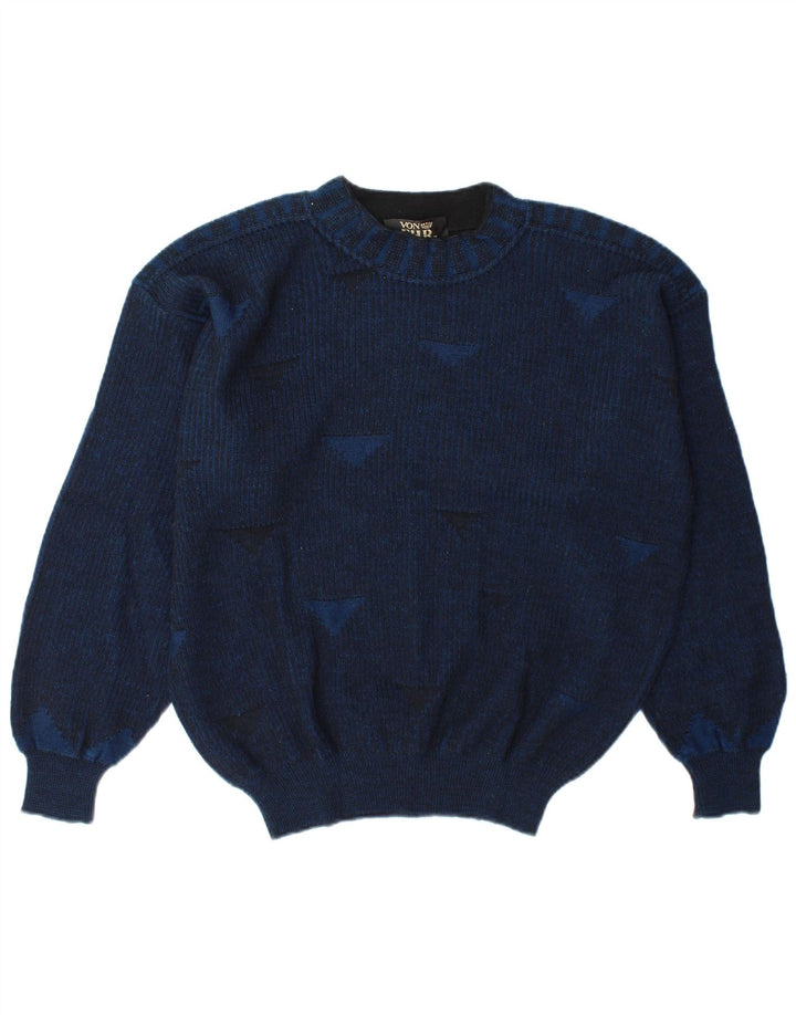 Vintage hombres cuello redondo jersey suéter grande azul marino geométrico
