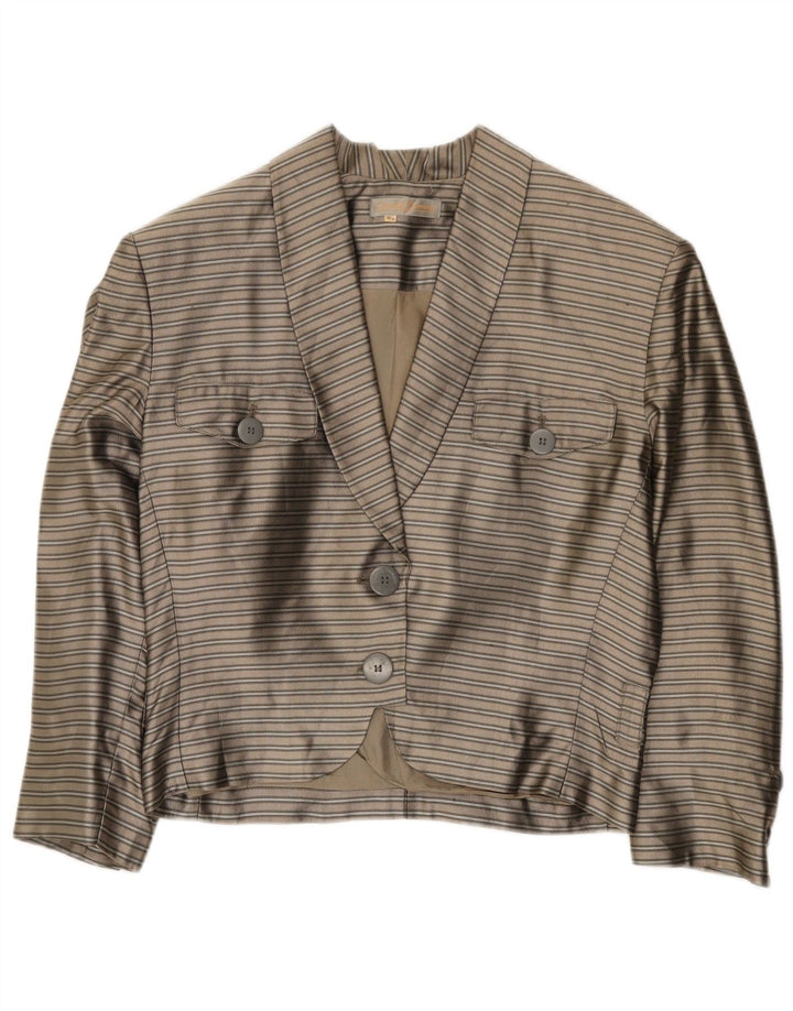 Vintage mujer crop 2 botones Blazer chaqueta EU 38 gris medio seda a rayas