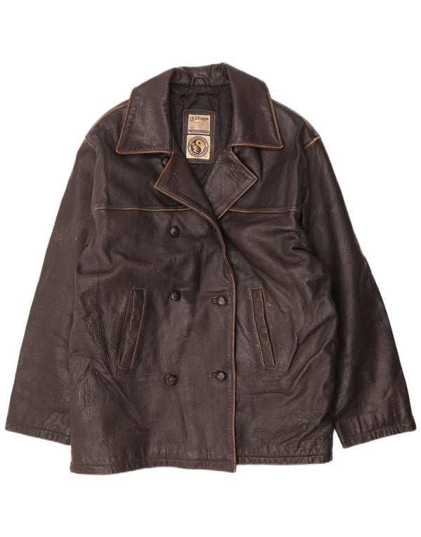 Vintage mujer doble pecho chaqueta de cuero Reino Unido 20 2XL marrón