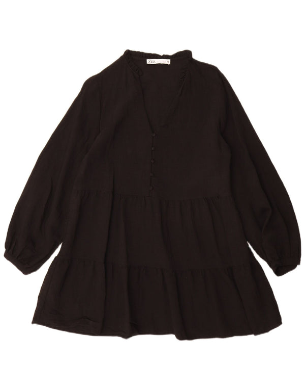 Zara Vestido Escalonado De Manga Larga para Mujer UK 40 Small Viscosa Negra