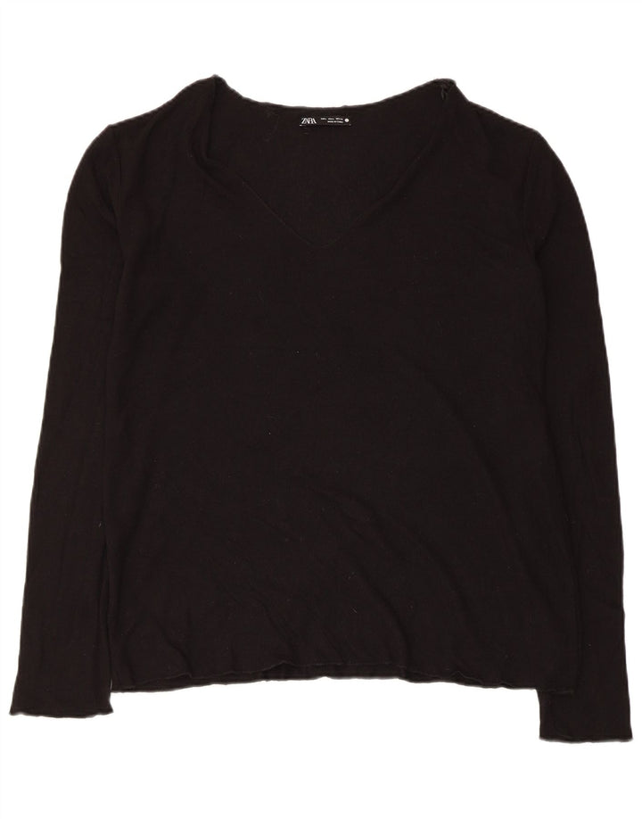 ZARA Jersey con cuello en V para mujer UK 46 Large Viscosa negra