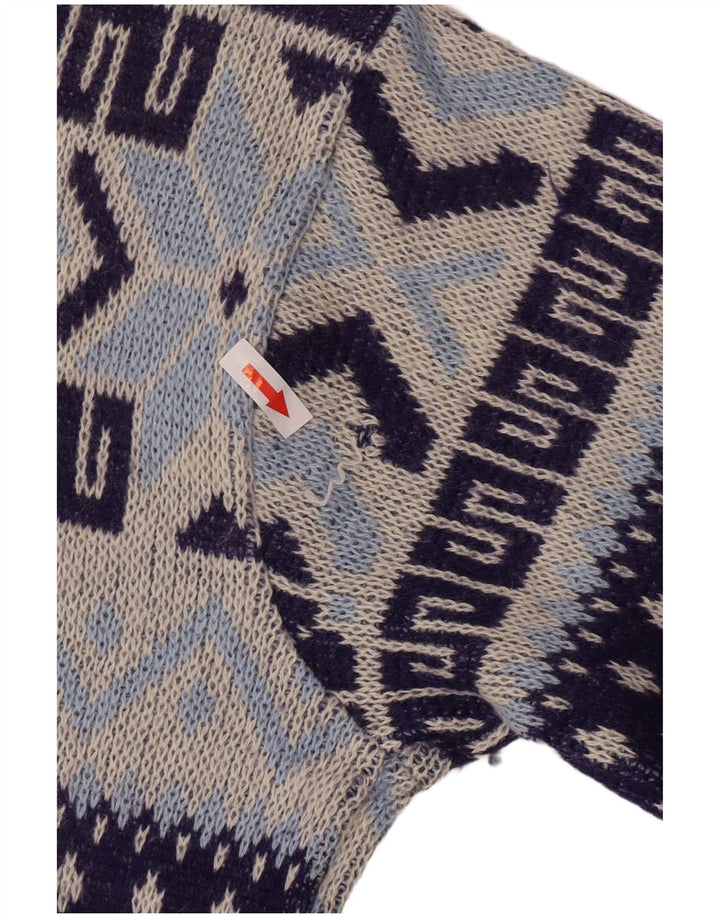Vintage hombres cuello redondo jersey suéter medio azul marino geométrico