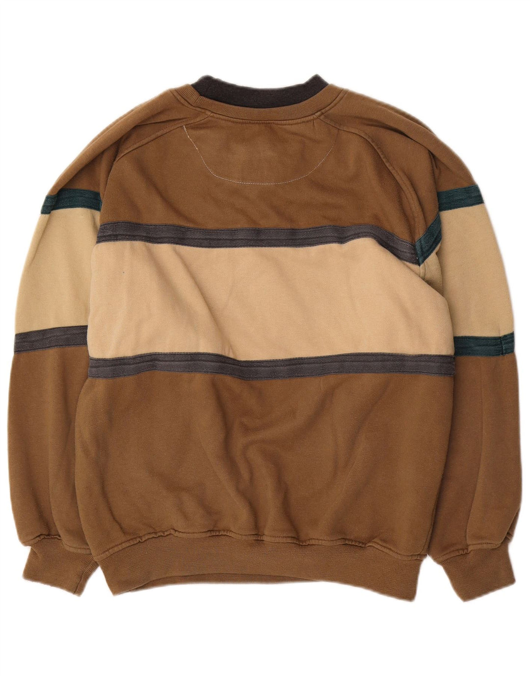 Vintage hombres sudadera gráfica jumper pequeño marrón colorblock poliéster