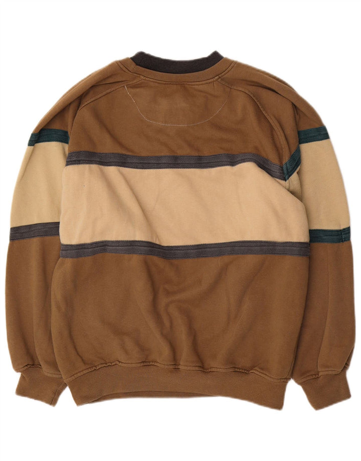 Vintage hombres sudadera gráfica jumper pequeño marrón colorblock poliéster