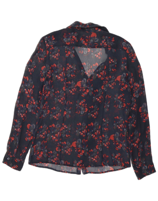 ARMANI JEANS Blusa camisera con volantes en la parte delantera para mujer EU 42 Grande Azul marino Floral