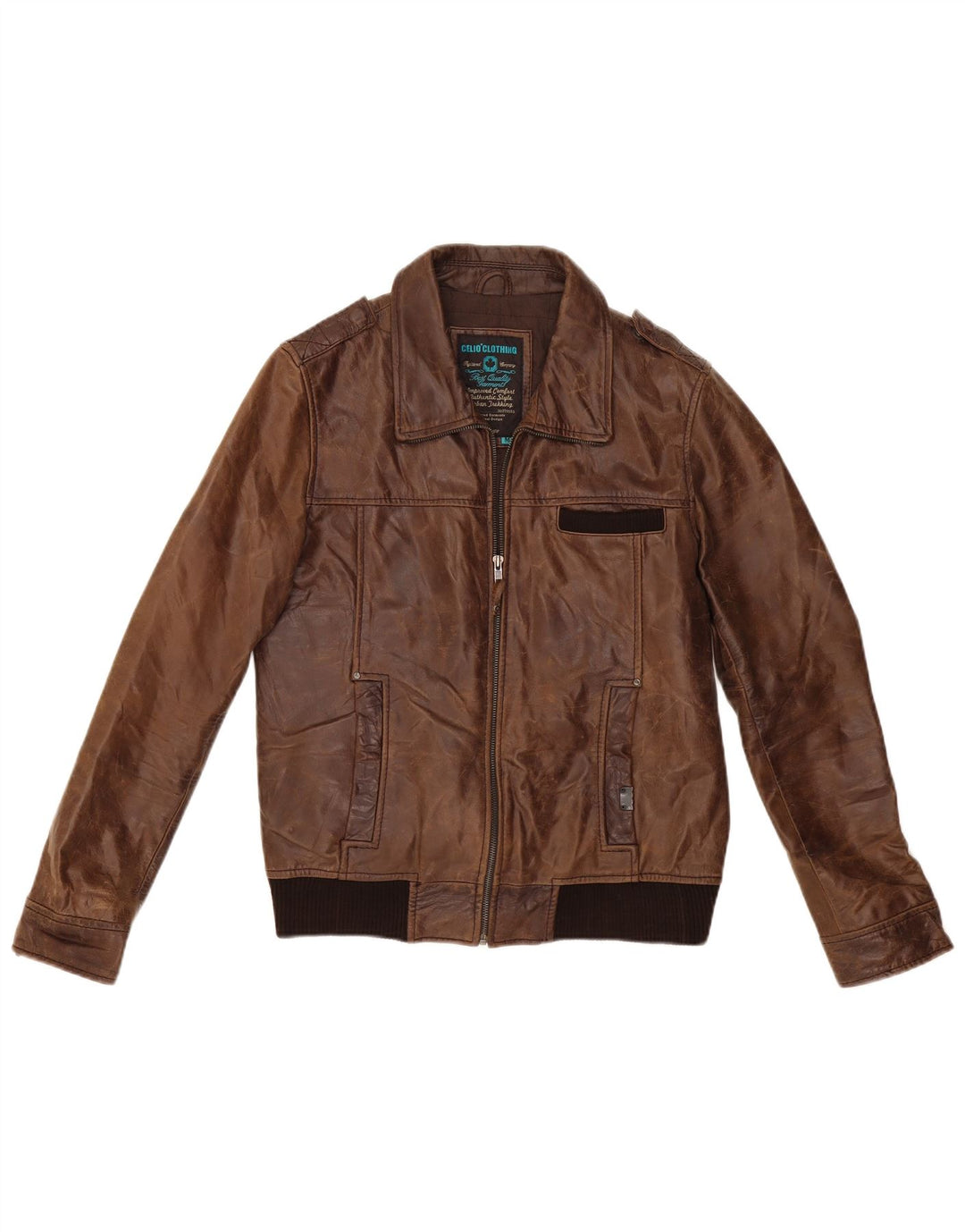 CELIO Chaqueta Bomber Militar de Cuero para Hombre UK 38 Marrón Medio