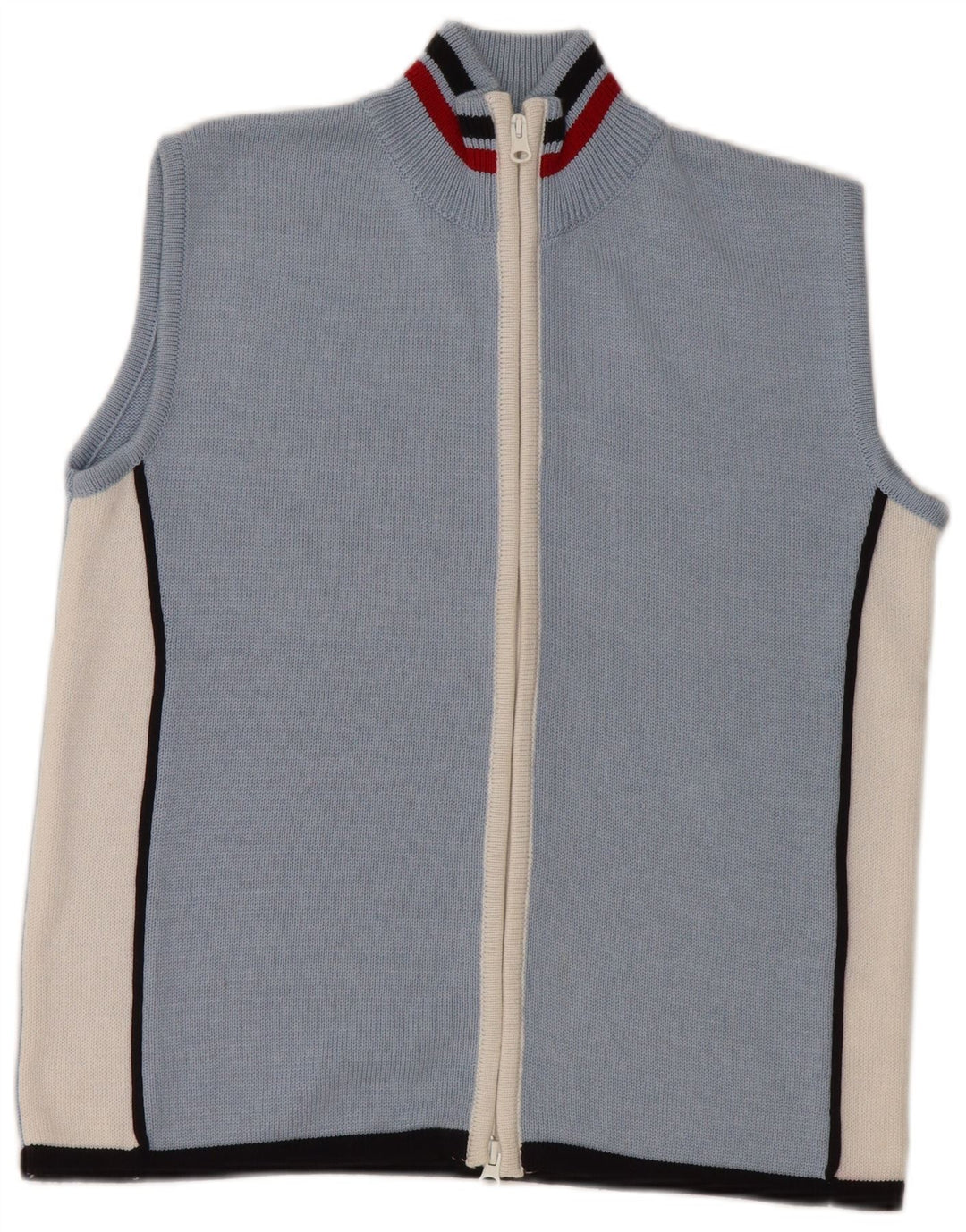 VINTAGE suéter cárdigan sin mangas para mujer Reino Unido 16 bloque de color azul grande