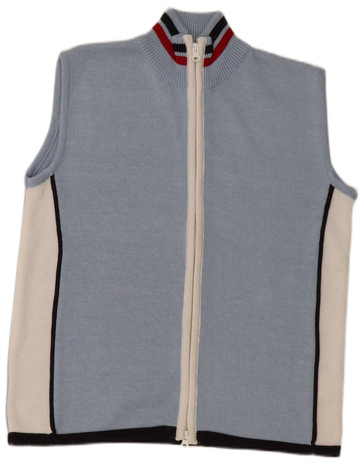 VINTAGE suéter cárdigan sin mangas para mujer Reino Unido 16 bloque de color azul grande