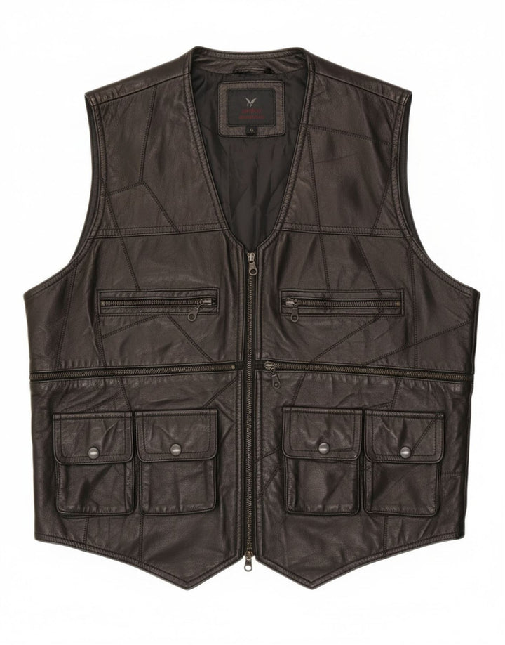 Vintage hombres cuero utilidad Gilet Reino Unido 38 medio negro patchwork