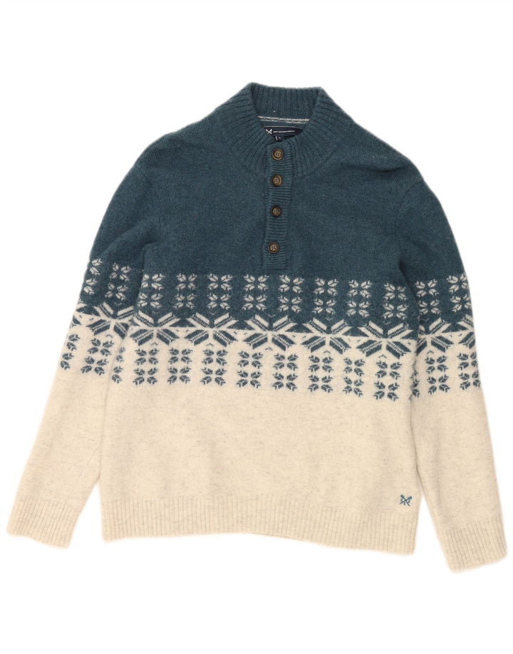 CREW CLOTHING Suéter tipo jersey con cuello y botones para hombre, tamaño grande, color azul Fair Isle