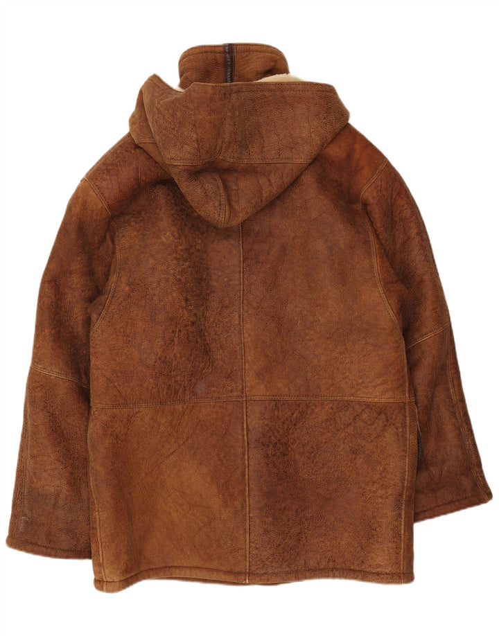 VINTAGE Chaqueta de piel de oveja con capucha para hombre IT 50 Piel de oveja marrón grande